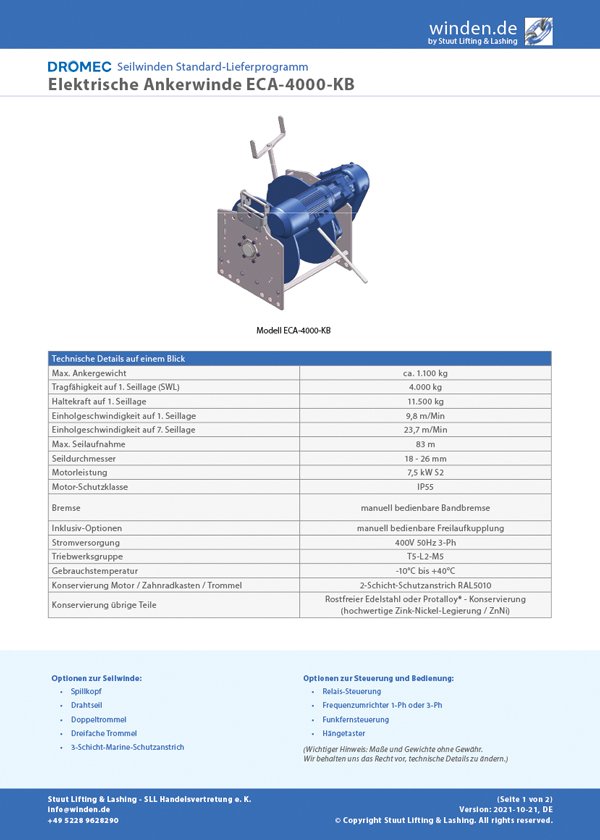 Datenblatt der elektrischen Drahtseil-Ankerwinde ECA-4000-KB von Dromec